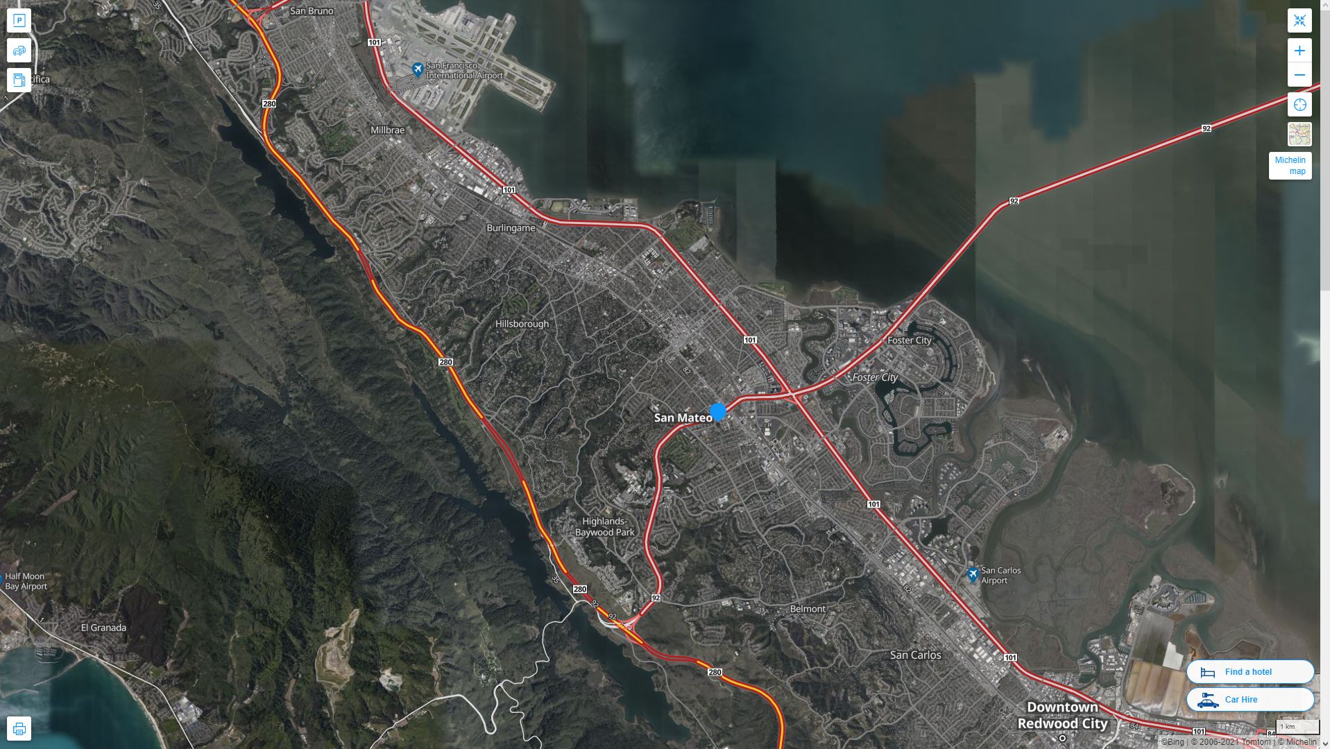 San Mateo California Highway and Road Map with Satellite View